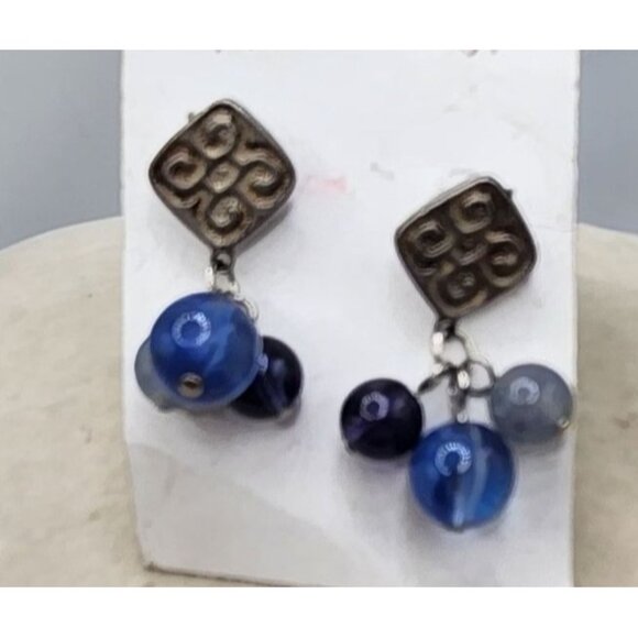 Floret Silver Tone Medallion Blue Bead Charm Dangle Drop Earrings - Picture 1 of 3